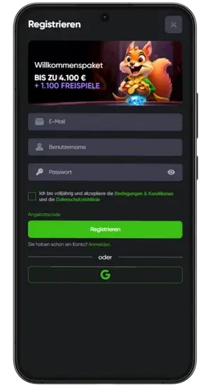 Form der Registrierung auf einer Casino-Website